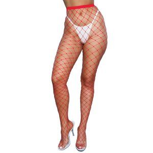 Wide Diamond Net Pantyhose - Red